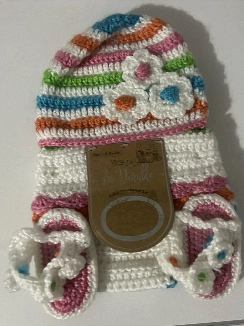 Handmade Crochet 3pc Baby Set 0-6M Striped Acrylic Hat Booties Diaper